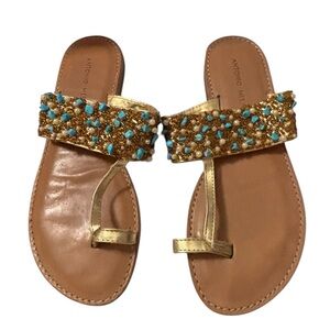 Antonio Melani Gold Beaded Turquoise Leather Toe-Ring Sandals